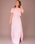 Peura collection vaaleanpunainen cecile viskoosimekko jonka pääntie muuntuu myös off shoulder-tyyliin