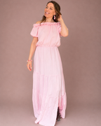 Peura collection vaaleanpunainen cecile viskoosimekko jonka pääntie muuntuu myös off shoulder-tyyliin